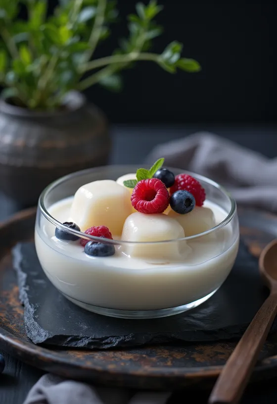 Warabi mochi tofupudinggal és friss bogyós gyümölcsökkel tálalva