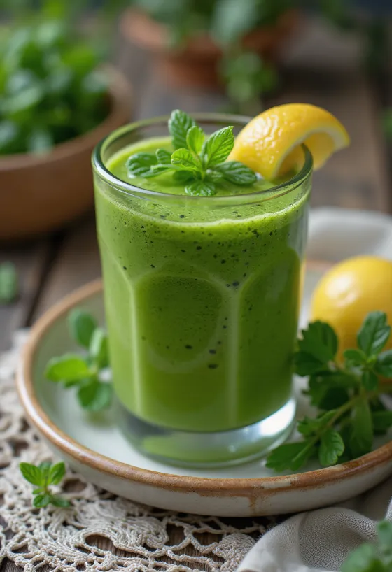 Friss zöldséges smoothie pohárban tálalva