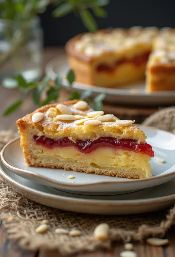 Bakewell tart áfonyalekvárral, szeletekre vágva, mandulával megszórva