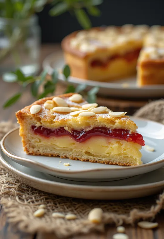 Bakewell tart áfonyalekvárral, szeletekre vágva, mandulával megszórva
