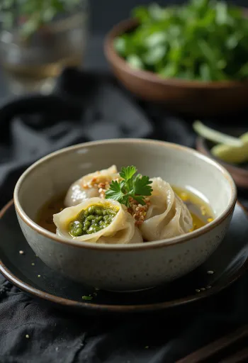 Bánh bột lọc vegán változatban, tálalva friss mentával