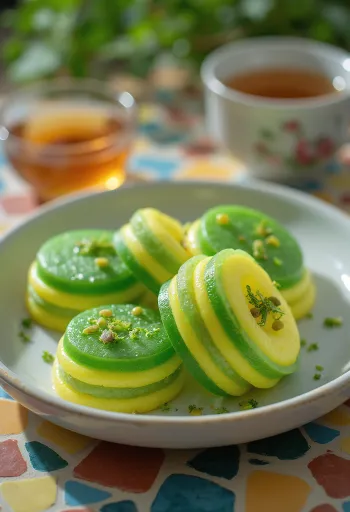 Bánh da lợn pandan és mungóbab rétegekkel, zöld és fehér színekben