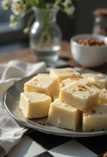 Mandulás Barfi, mandulával és sáfrányos ízzel tálalva