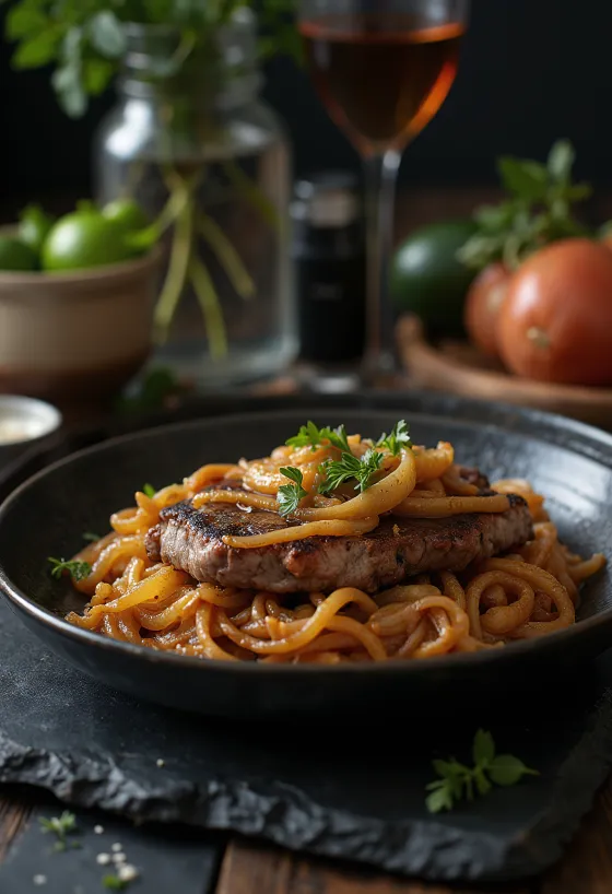 Bistec Encebollado tálalva hagymával és körettel