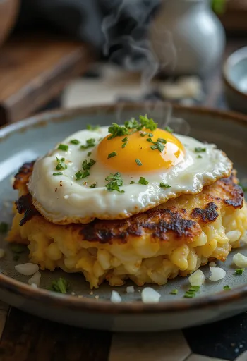 Bubble and squeak tojással tálalva, aranybarna ropogós réteggel és tükörtojással