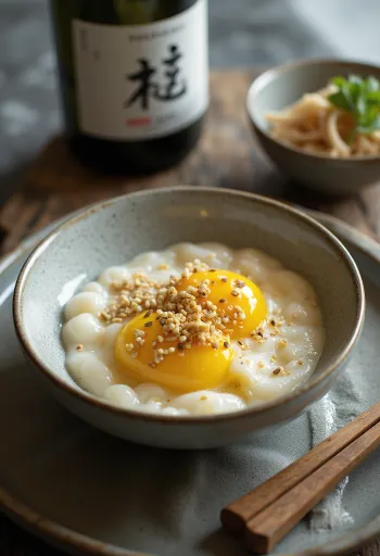 Chawanmushi sake-kal tálalva, szezámmaggal és friss zöldhagymával