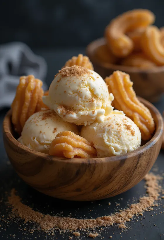 Churros fagylalt tálalva
