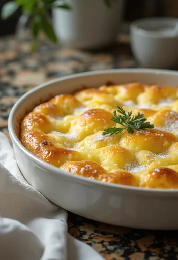 Friss, aranybarna Clafoutis túróval, tálalva