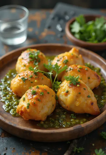 Coxinha korianderes szósszal, ropogós korianderes túróval töltött brazil étel