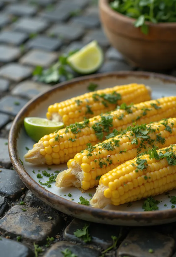 Elote korianderrel – friss kukorica korianderrel, sajttal és tejföllel tálalva