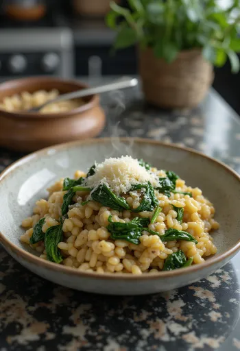 Farro spenóttal és parmezánnal, friss citrommal tálalva
