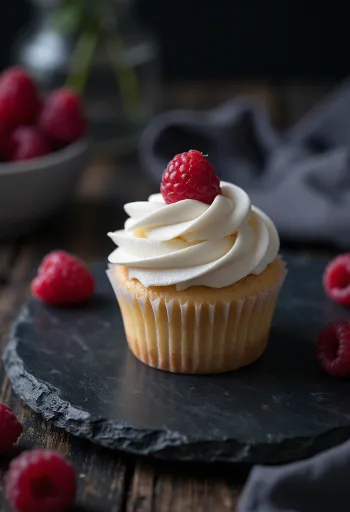 Fehércsokoládés málnás cupcake tálalva