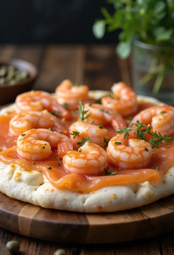 Frutti di Mare pizza füstölt lazaccal tálalva