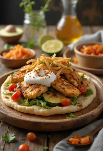 Görög fúziós gyros naan kenyérben sült hússal, grillezett zöldségekkel, curry-s tzatzikivel és kimchivel