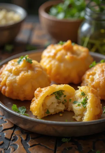 Kachori burgonyás töltelékkel, indiai étel ropogós tésztában