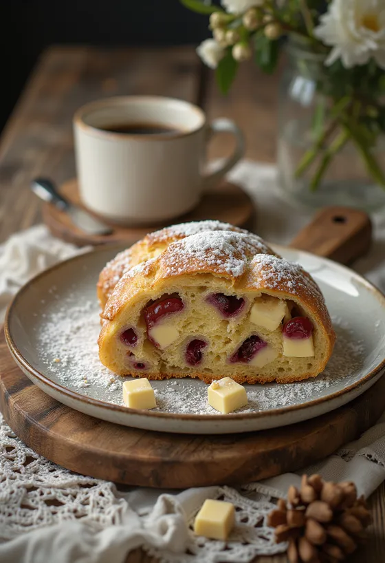 Kávés-fehércsokoládés Stollen szeletek tálalva