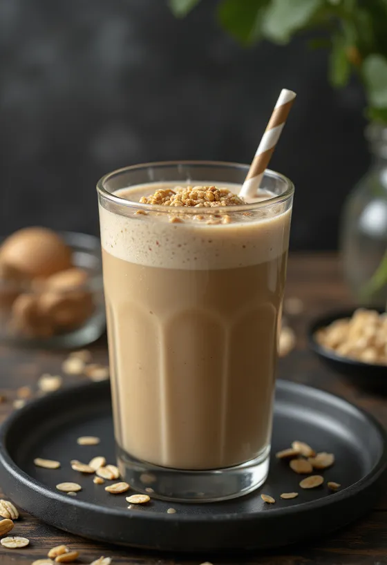 Kávés smoothie magas pohárban tálalva, banánszeletekkel díszítve