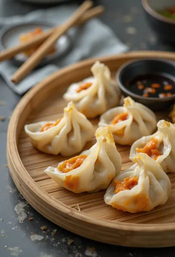 Kimchi mandu tálalva aranybarnára sütve, ropogós külsejű és fűszeres belsejű töltött táskák