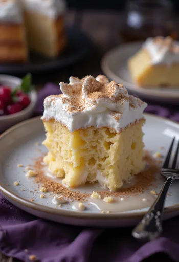 Klasszikus tres leches szelet, tejjel átitatott piskóta fehér tányéron