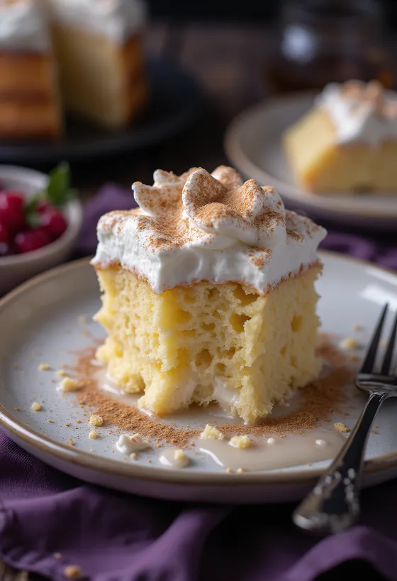 Klasszikus tres leches szelet, tejjel átitatott piskóta fehér tányéron