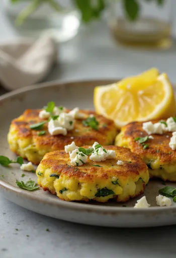 Kolokithokeftedes feta sajttal, friss petrezselyemmel és citromszeletekkel tálalva