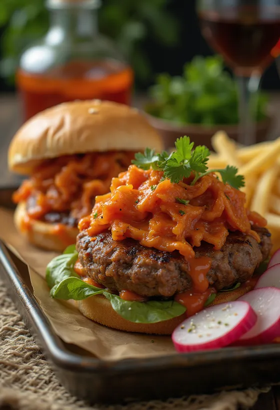 Koreai kimchis burger tálalva