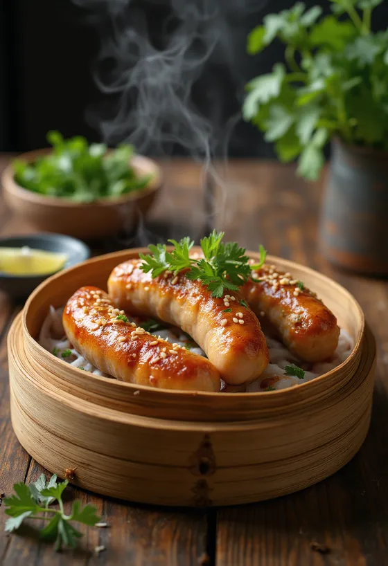 Lạp xưởng csirkehússal, frissen gőzölve, korianderrel és lime-mal tálalva