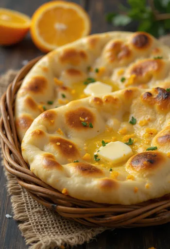 Narancsos naan friss, narancsos aromával díszítve, melegen tálalva