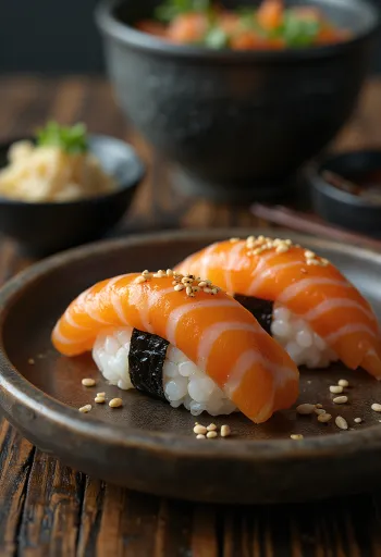 Oshizushi füstölt lazaccal, sushi rizs és szezámmag díszítéssel