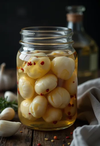 Pickled garlic in a glass jar