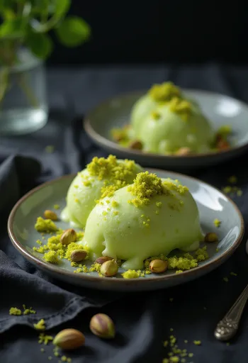 Pistáciás kulfi tálalva, pirított pisztáciával