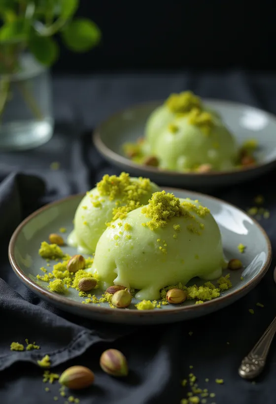 Pistáciás kulfi tálalva, pirított pisztáciával