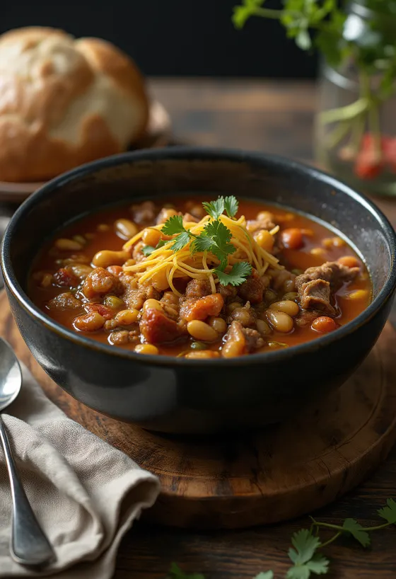 Pozole con chile pasilla tálalva lime-mal, korianderrel és friss zöldhagymával