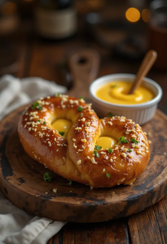 Friss, házi készítésű pretzel, ropogós és aranybarna, mézes mustáros szósszal
