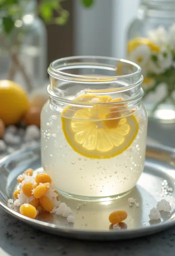 Probiotikus víz kefir átlátszó üvegben, frissítő szénsavas ital tálalva