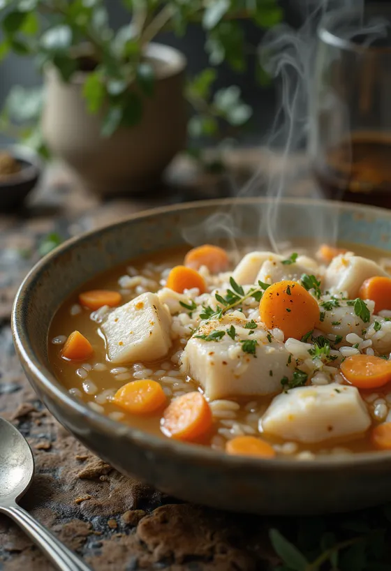 Psarosoupa rizs hozzáadásával, friss halleves