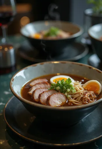 Ramen tál sült kacsával, tésztával és feltétekkel