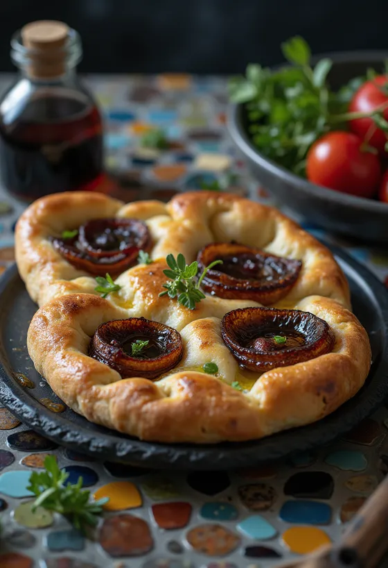 Sült lilahagymás-balzsamecetes focaccia tálalva