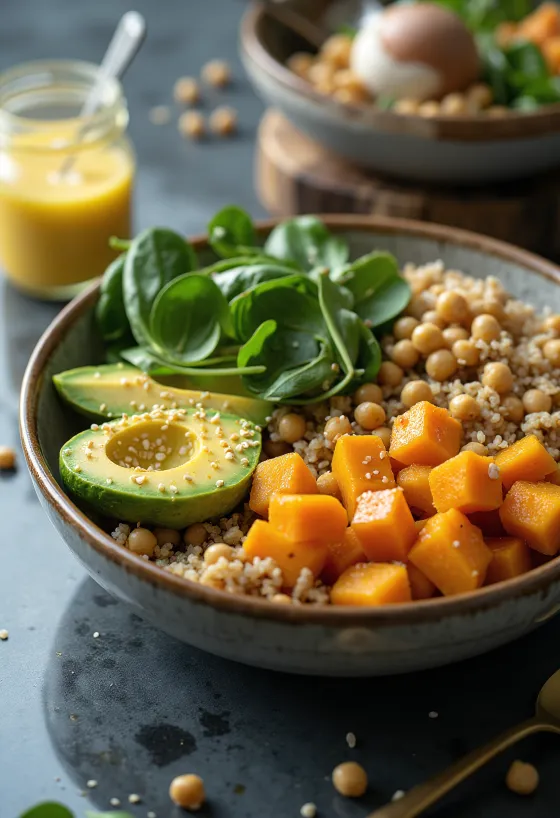 Sütőtökös quinoa Buddha-tál friss zöldségekkel