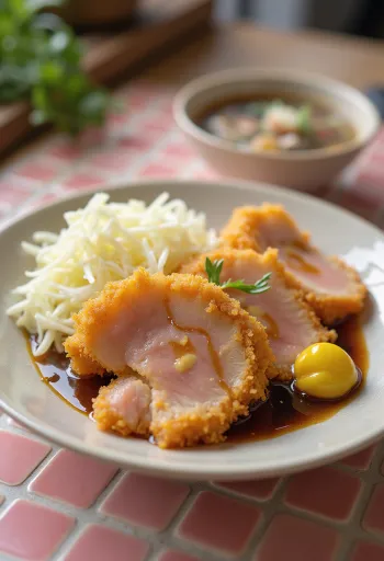 Tonkatsu tál mustárral, sült hússal és friss salátával