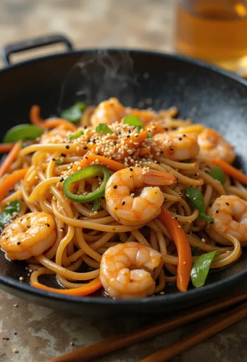 Yakisoba garnélával, finom tészta és zöldségek keveréke garnélával, szezámmaggal