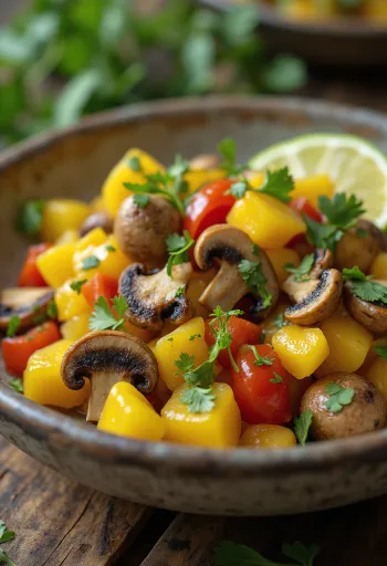 Ackee és gomba, egy ínycsiklandó étel friss korianderrel és lime szeletekkel tálalva