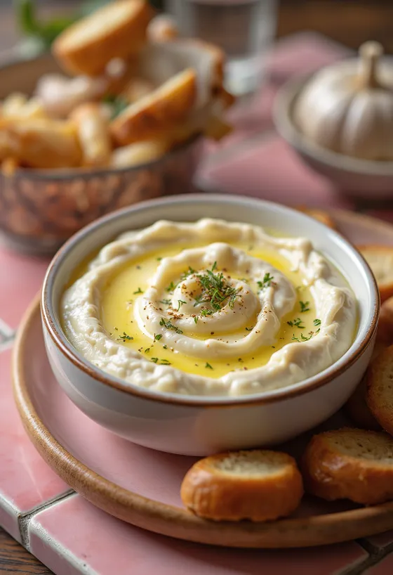 Bagna cauda tejföllel, gazdag, krémes szósz friss petrezselyemmel és zöldségekkel tálalva.