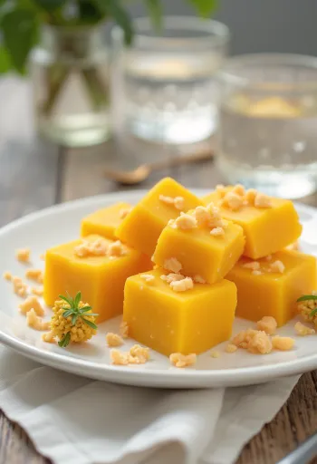 Mangós Barfi, mandulával és sáfrányos ízzel tálalva