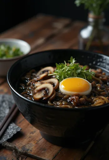Fekete fokhagymás ramen tálalva