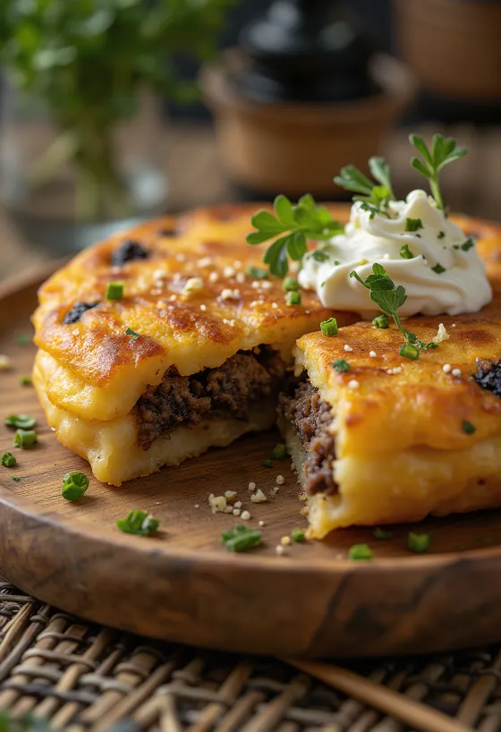 Black pudding burgonyás lepényben tálalva friss petrezselyemmel