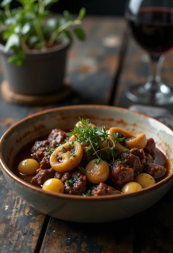 Boeuf Bourguignon tálalva burgonyapürével