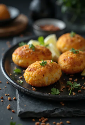 Bolinho de bacalhau tofus változata, aranybarnára sült tofugolyókkal.