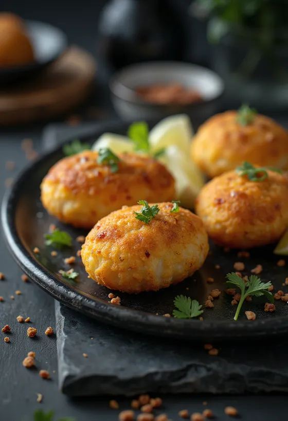 Bolinho de bacalhau tofus változata, aranybarnára sült tofugolyókkal.