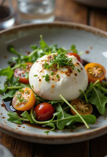 Burrata balzsamecettel, friss paradicsommal és salátával tálalva.